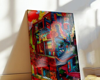 Acrylschilderij dystopisch stadsgezicht: levendige scifi-muurkunst