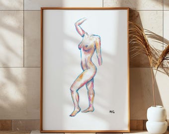 Originele aquarel naakte vrouw kunstafdruk | Minimalistische vrouwelijke figuur kunst aan de muur | Elegant naakt figuurschilderij | Vrouwelijk lichaamskunstwerk |