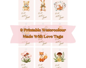 Watercolour Printable 9 Made With Love Tags,  Printable Tag Template, Instant Download, Printable tag for products