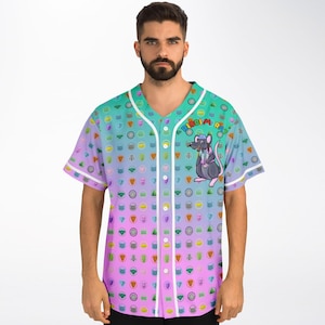 May include: A baseball jersey with a pink and blue gradient background. The jersey is covered in a pattern of small, colourful shapes. The text "Ribbim Rat" is printed on the front of the jersey, along with a cartoon rat wearing a hat.