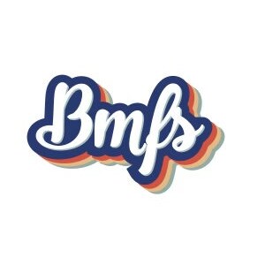 May include: A retro-style logo with the word "Bmf's" in white lettering with a blue, red, and yellow outline.