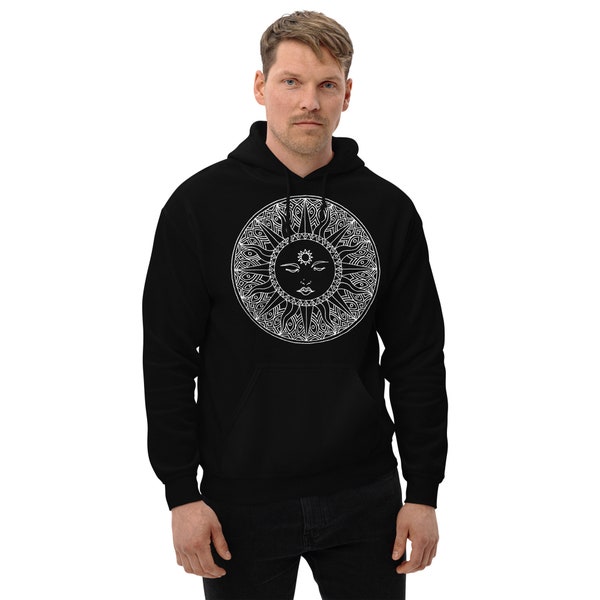 Sun Face Mandala Hoodie Long Sleeve Comfy Sweatshirt Hand Drawn Design Men's Gift