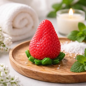 May include: A red strawberry-shaped soap on a wooden plate with green leaves. A white rolled towel, a lit candle, and mint leaves are in the background. The soap is a vibrant red color.
