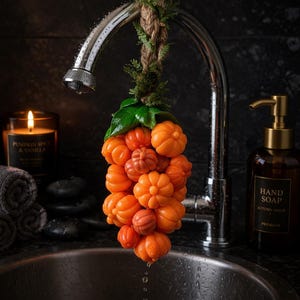 Op de afbeelding: Een cluster van oranje pompoenvormige zepen hangt aan een kraan. De zepen zijn bevestigd aan een touw met groene bladeren en druipen water. Een brandende kaars en een fles handzeep staan op de achtergrond.