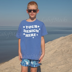 Kids Comfort Colors tshirt mockup 9018 Flo Blue mockup Beach youth mockup Summer shirt mockup Boy