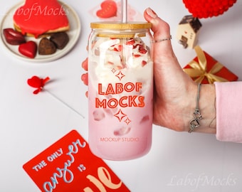 Sipper Glass Valentines mockup Glass tumbler mock-up 16oz Sipper glass cup mock Trendy Cute Drinkware