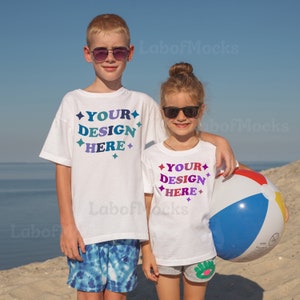 White Comfort Colors 9018 Kid mockup Youth Sibling mockup Kids tshirt mockup Beach Summer tee mockups Boy Girls