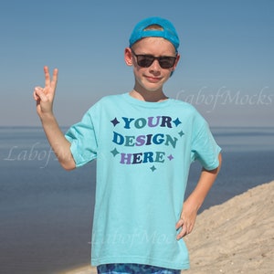 Lagoon Blue Comfort Colors Youth mockup 9018 mockup Kids tshirt mockup Boy Outdoor Beach