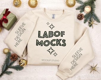 Sand Gildan 18000 Christmas sweatshirt Flat lay mockup G180 Sleeve mock up Cozy Holiday Christmas Crewneck sweater