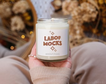 Сandle mockup PSD White soy candle 9 oz mock-up Real product Printify POD jar candle mock Boho Holiday