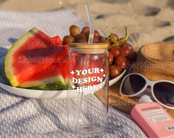 Glass can mockup 16oz Libbey glass mockup Beach Summer