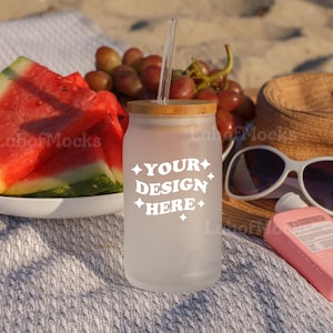 Frosted glass can mockup 16 oz Frosted glass cup mockup Libbey glass mock up Summer Beach