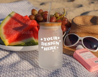 Frosted glass can mockup 16 oz Frosted glass cup mockup Libbey glass mock up Summer Beach