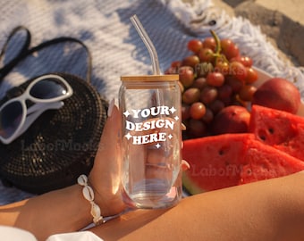 Beer can glass mockup 16 oz Printify glass can mockup Beach clear glass cup mockup Summer