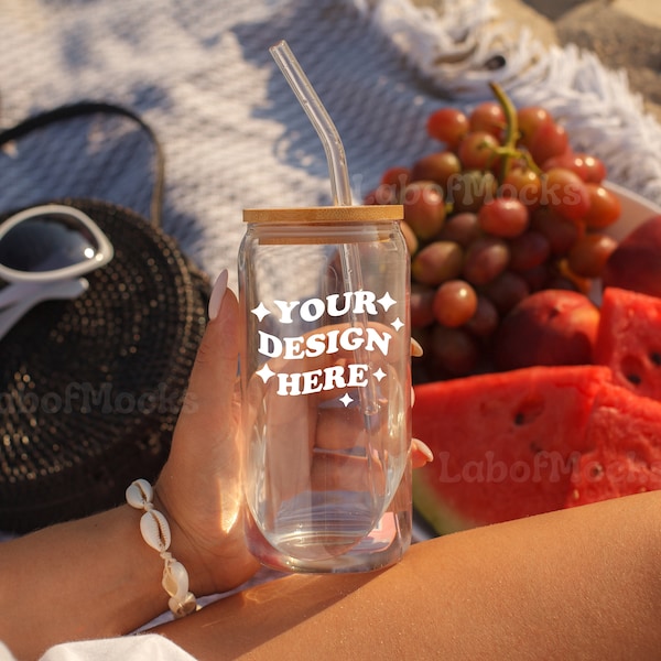 Beer can glass mockup 16 oz Printify glass can mockup Beach clear glass cup mockup Summer