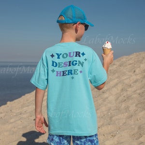 Back Comfort Colors 9018 Kid mockup Youth tshirt mockup 9018 Lagoon Blue mockup Beach tee mock up Boy