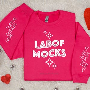 Gildan 18000 Valentines sweatshirt mockup Heliconia Gildan folded sweater mock-up Pink crewneck Sleeve flat lay mock