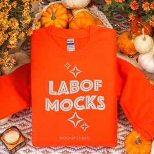 Gildan 18000 Orange sweatshirt mockup G180 Crewneck Folded flat lay mock up Real Fall sweater Halloween Trendy