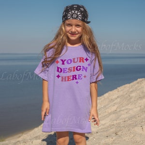 Youth Comfort Colors 9018 Kid mockup Beach kids tshirt mockup 9018 Violet Summer tee mockup Girl