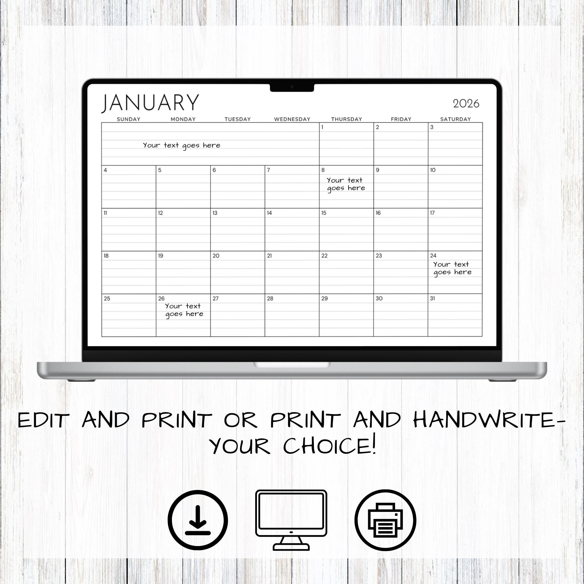 Editable 2026 Calendar | Fillable PDF | Printable | Minimalist Black ...