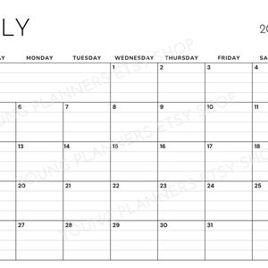 May include: A black and white monthly calendar page for July 2026. The grid features seven columns for days of the week, starting with Sunday and ending with Saturday. Each date box contains horizontal lines for writing, with the text YOUNG PLANNERS ETSY SHOP.