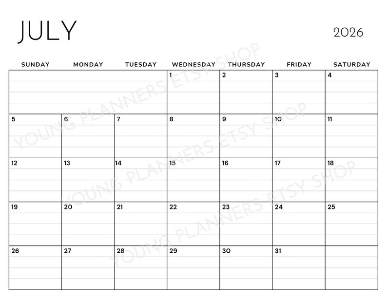 May include: A black and white monthly calendar page for July 2026. The grid features seven columns for days of the week, starting with Sunday and ending with Saturday. Each date box contains horizontal lines for writing, with the text YOUNG PLANNERS ETSY SHOP.
