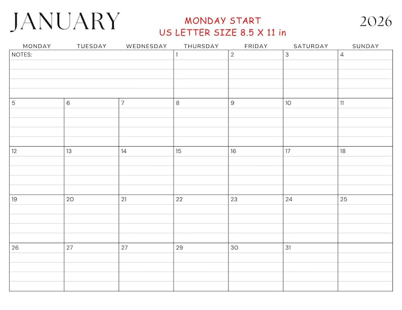 2026 Printable Calendar PDF | Monday + Sunday Start | US Letter ...