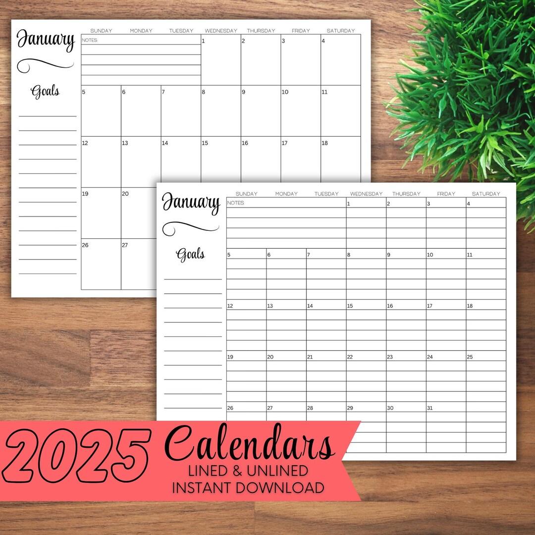 2025 Monthly Calendar Printable Lined and Unlined Horizonal landscape ...