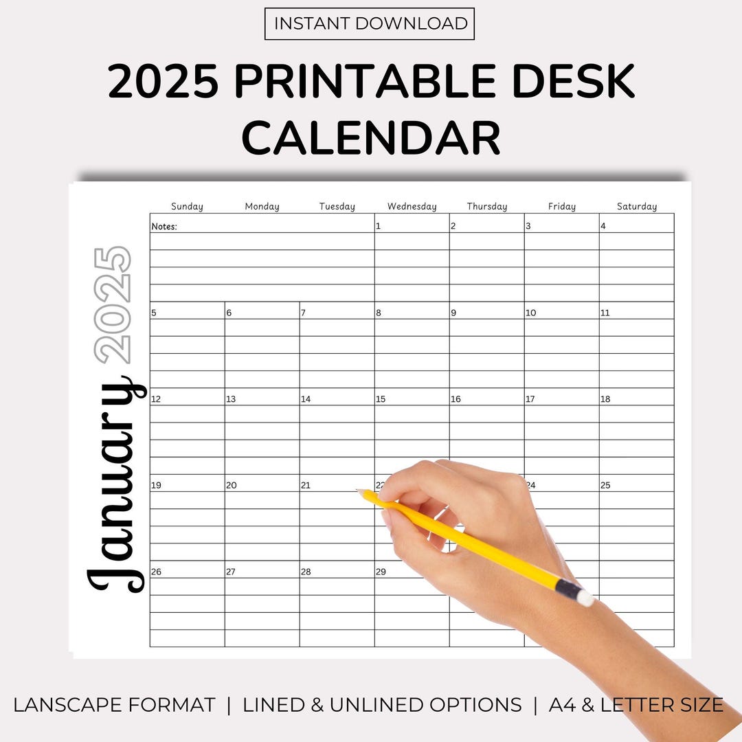 2025 Printable Desk Calendar Landscape Lined Monthly Planner Notes ...