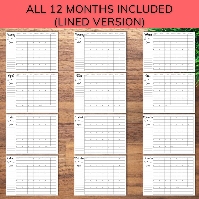 2025 Monthly Calendar Printable Lined and Unlined Horizonal (landscape ...