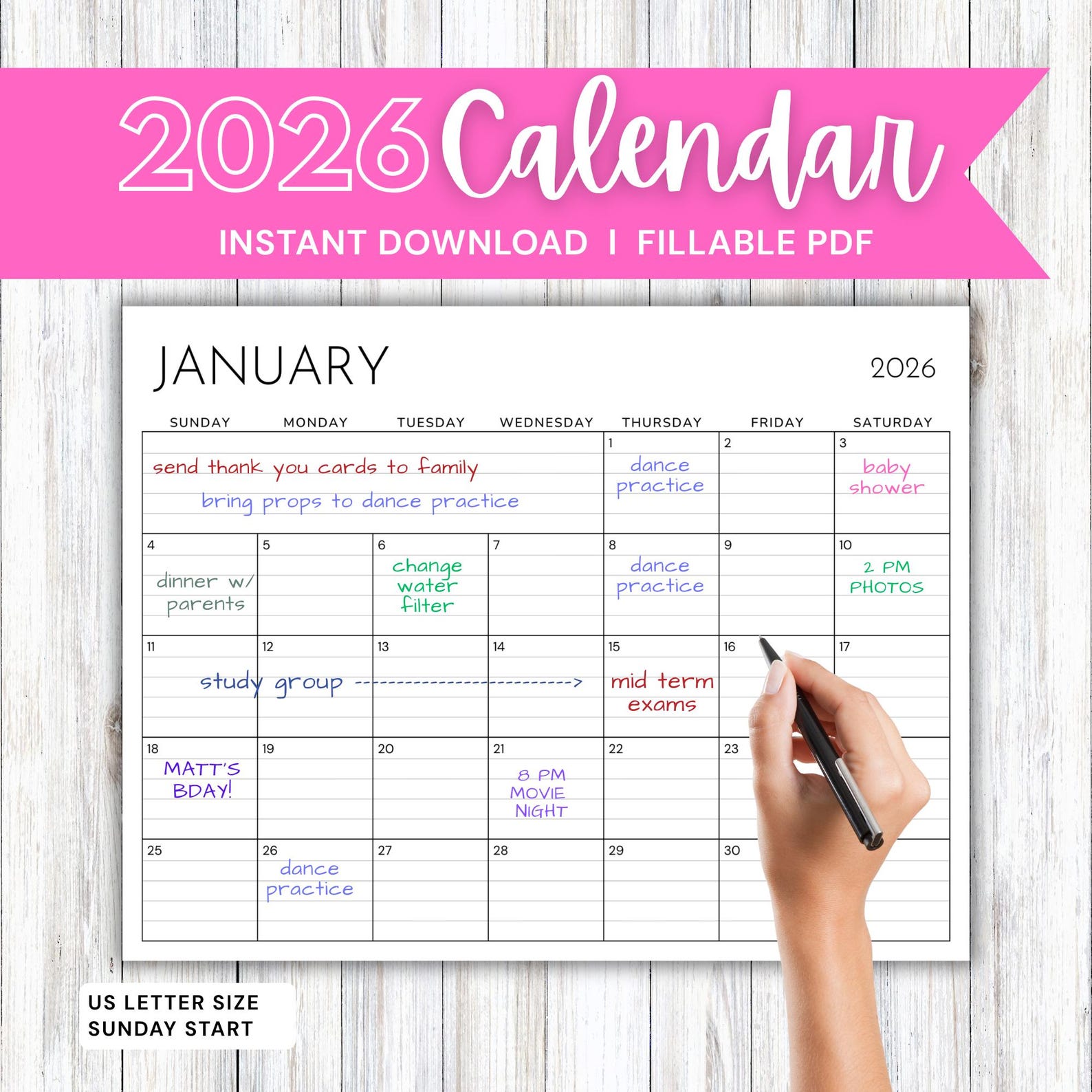 Editable 2026 Calendar | Fillable PDF | Printable | Minimalist Black ...