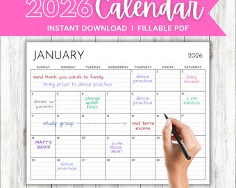 Editable 2026 Calendar | Fillable PDF | Printable | Minimalist Black & White Planner | Instant Download l Lined Monthly Planner