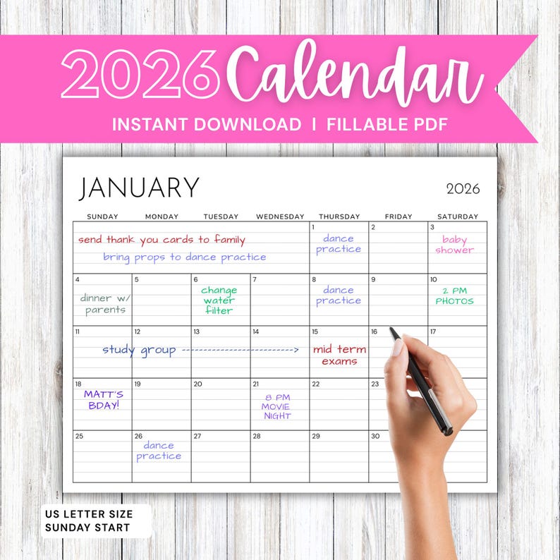 Editable 2026 Calendar | Fillable PDF | Printable | Minimalist Black ...