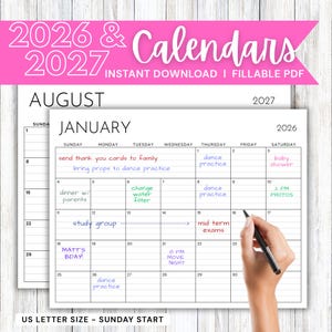 Puede incluir: Un conjunto de calendarios imprimibles para 2026 y 2027 en tamaño carta con inicio en domingo. Las páginas blancas del planificador mensual muestran líneas de cuadrícula y texto en negro, con notas manuscritas de colores en enero de 2026.