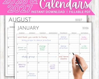 May include: A printable 2026 and 2027 calendar set in US letter size with a Sunday start. The white monthly planner pages feature black grid lines and text, with handwritten notes in various colors filling the date boxes for January 2026.