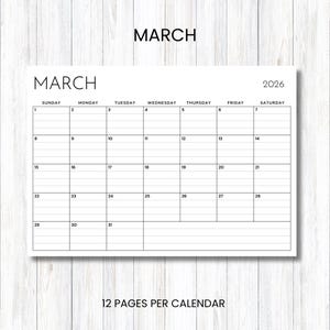 May include: A white monthly calendar page for March 2026 with black text and grid lines. The header displays the month and year. The grid includes days of the week from Sunday to Saturday, numbered dates from 1 to 31, and horizontal lines.