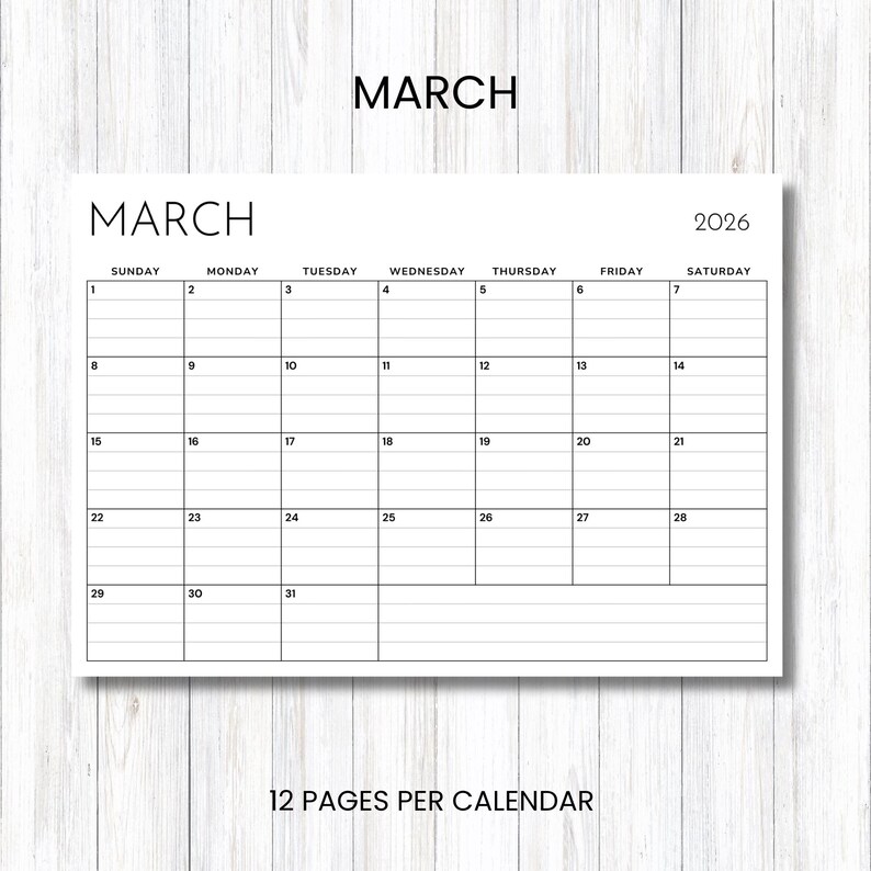 May include: A white monthly calendar page for March 2026 with black text and grid lines. The header displays the month and year. The grid includes days of the week from Sunday to Saturday, numbered dates from 1 to 31, and horizontal lines.