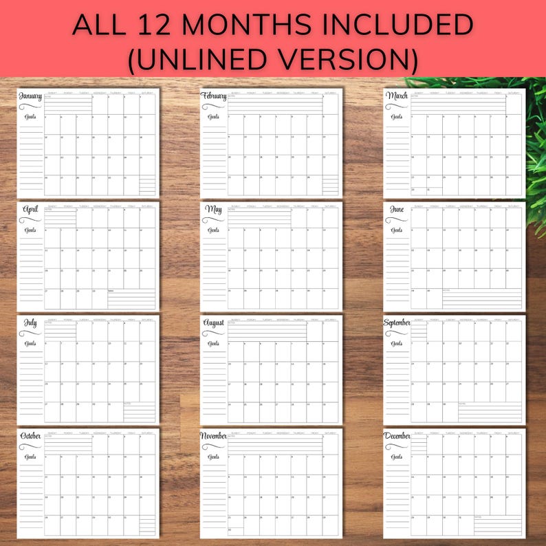 2025 Monthly Calendar Printable Lined and Unlined Horizonal (landscape ...