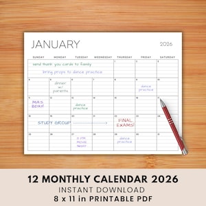 Lined Monthly 2026 Calendars | 8.5x11 | LANDSCAPE | Jan - Dec | PDF Printable Download