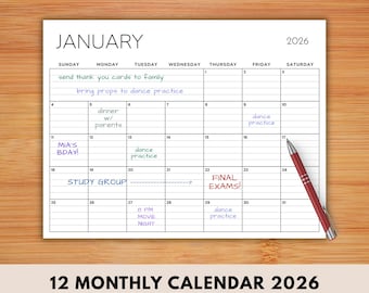 Gevoerde maandkalenders 2026 | 8,5 x 11 | LANDSCHAP | Jan - dec | Afdrukbare pdf-download