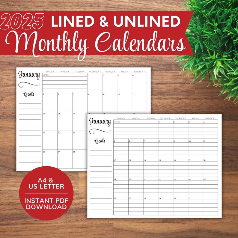 2025 Monthly Calendar Printable Lined and Unlined Horizonal (landscape ...