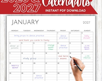 May include: A printable 2026 and 2027 calendar in US letter size, 11 by 8.5 inches. The January 2027 page features a grid layout with handwritten notes in various colors, including dance practice, dinner, and exams, with a Sunday and Monday start.