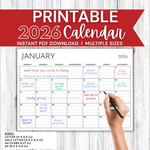 Calendario minimalista imprimible 2026: horizontal, rayado, blanco y negro (descarga instantánea)