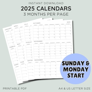 Planificador trimestral 2025, calendario de pared de 3 meses, calendario minimalista de 90 días, PDF imprimible, inicio en domingo y lunes, tamaño A4 y carta (EE. UU.)