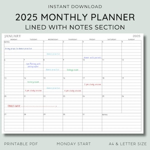 Calendario mensual horizontal rayado 2025 / A4 y carta / PAISAJE / Ene - Dic / Descarga imprimible en PDF l Inicio domingo y lunes