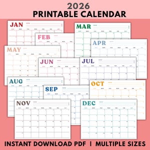 Printable Calendar Editable PDF | 2026 Monthly Planner with Notes | Colorful Horizontal | Multiple Sizes | Instant Download