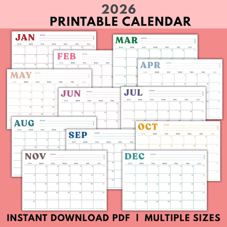 Maandkalenderplanner | Kleurrijke horizontale notities (digitale download) afbeelding 1