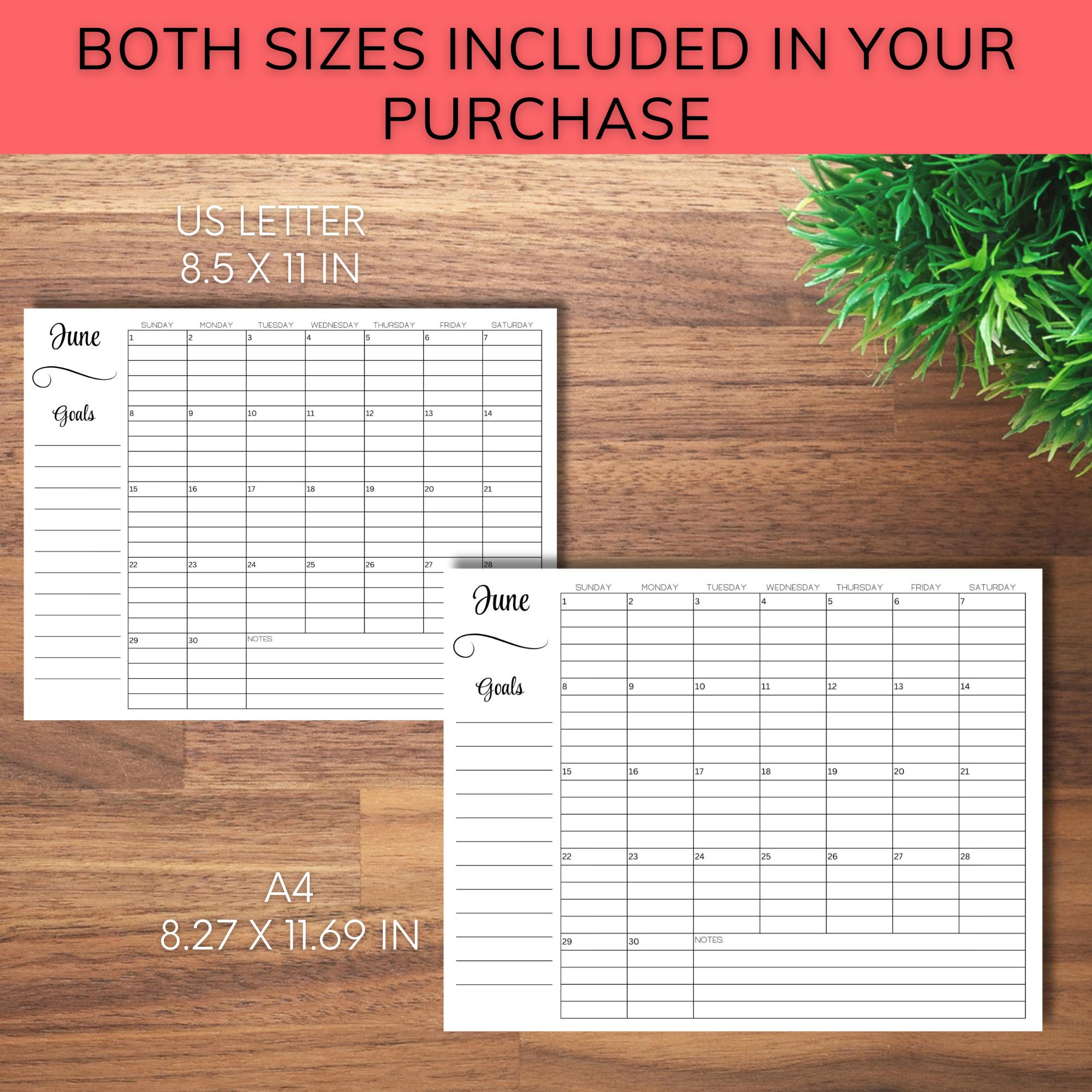 2025 Monthly Calendar Printable Lined and Unlined Horizonal (landscape ...