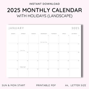 Calendario mensual 2025, diseño minimalista imprimible, con días festivos y celebraciones en EE. UU. Planificador 2025, descarga instantánea en formato PDF, inicio de domingo y lunes