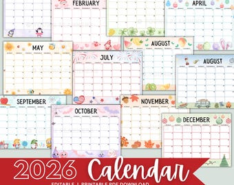 Bewerkbare maandkalender 2026, afdrukbare pdf-download